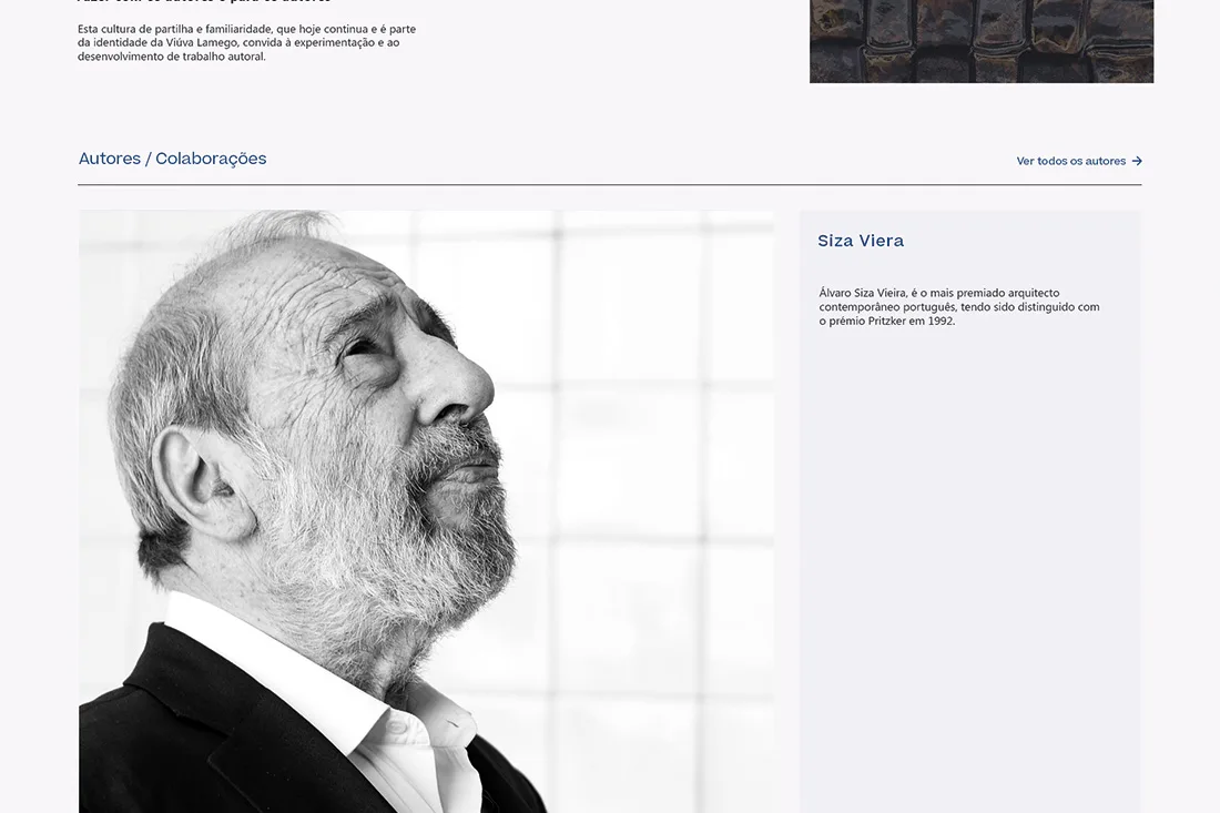 Viúva Lamego website — Autores / Colaborações section with black-and-white portrait of an older man