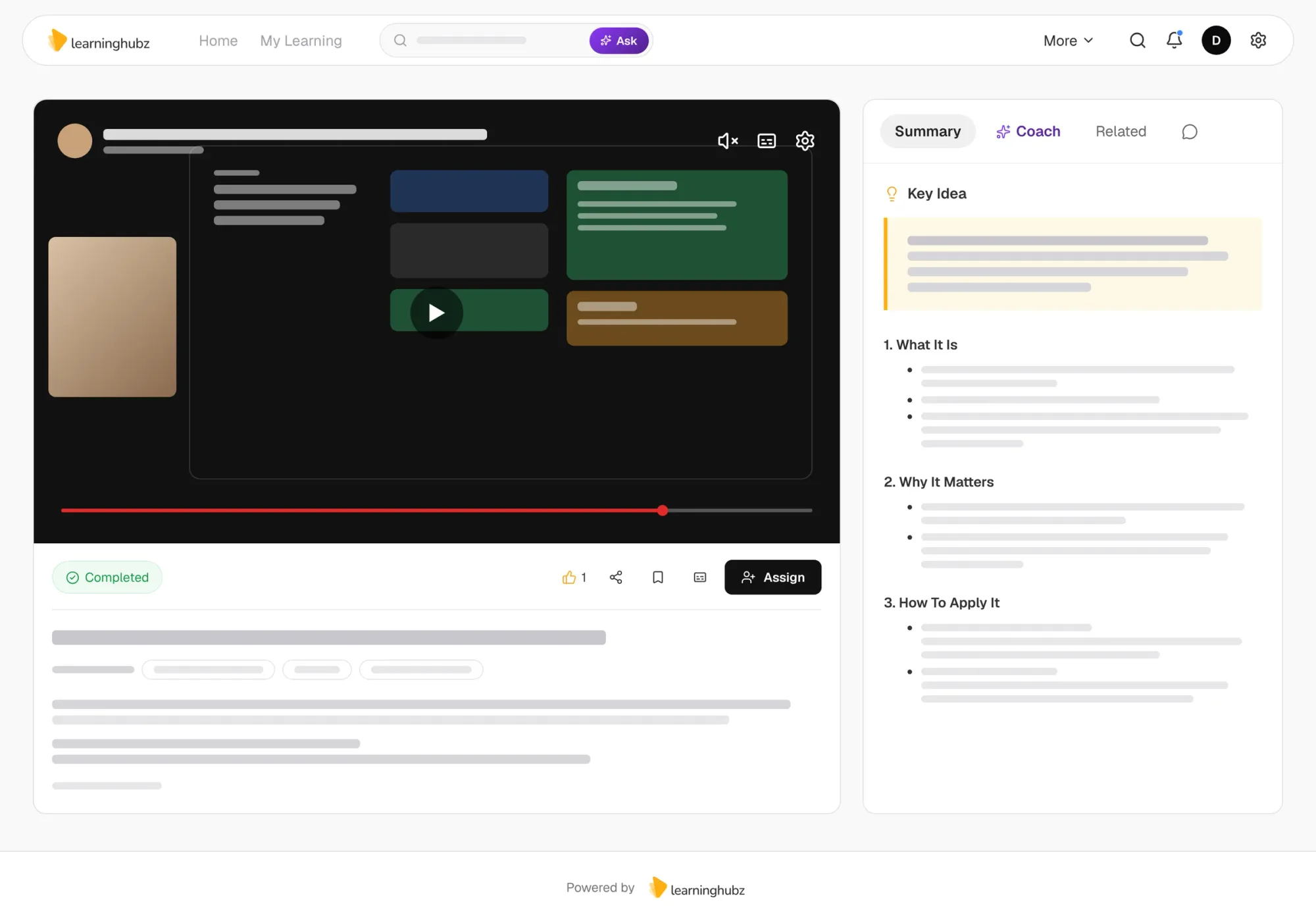 Learninghubz — resource page with video and the AI-generated summary tab