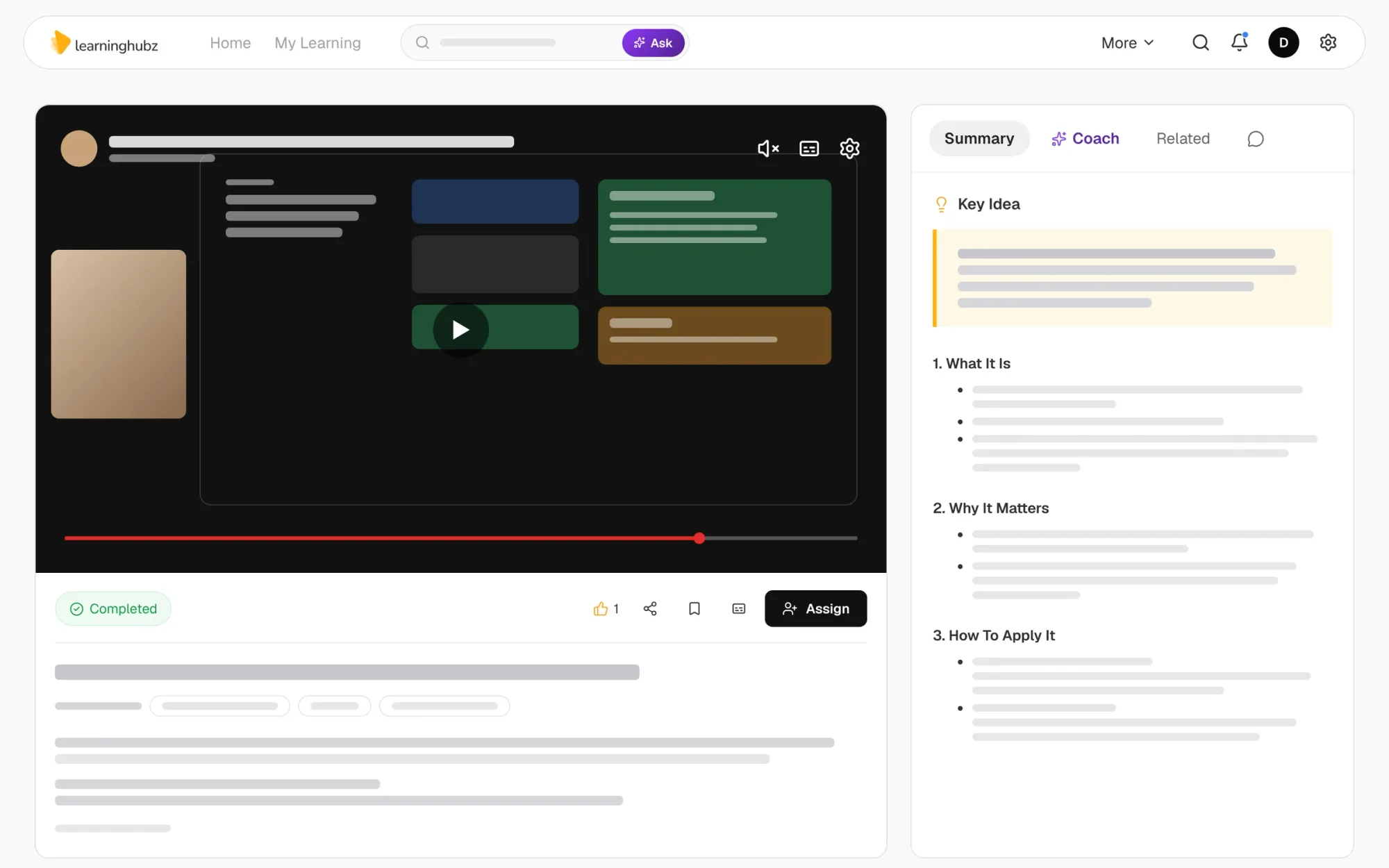 Learninghubz — resource page on desktop with the video and the AI-generated summary