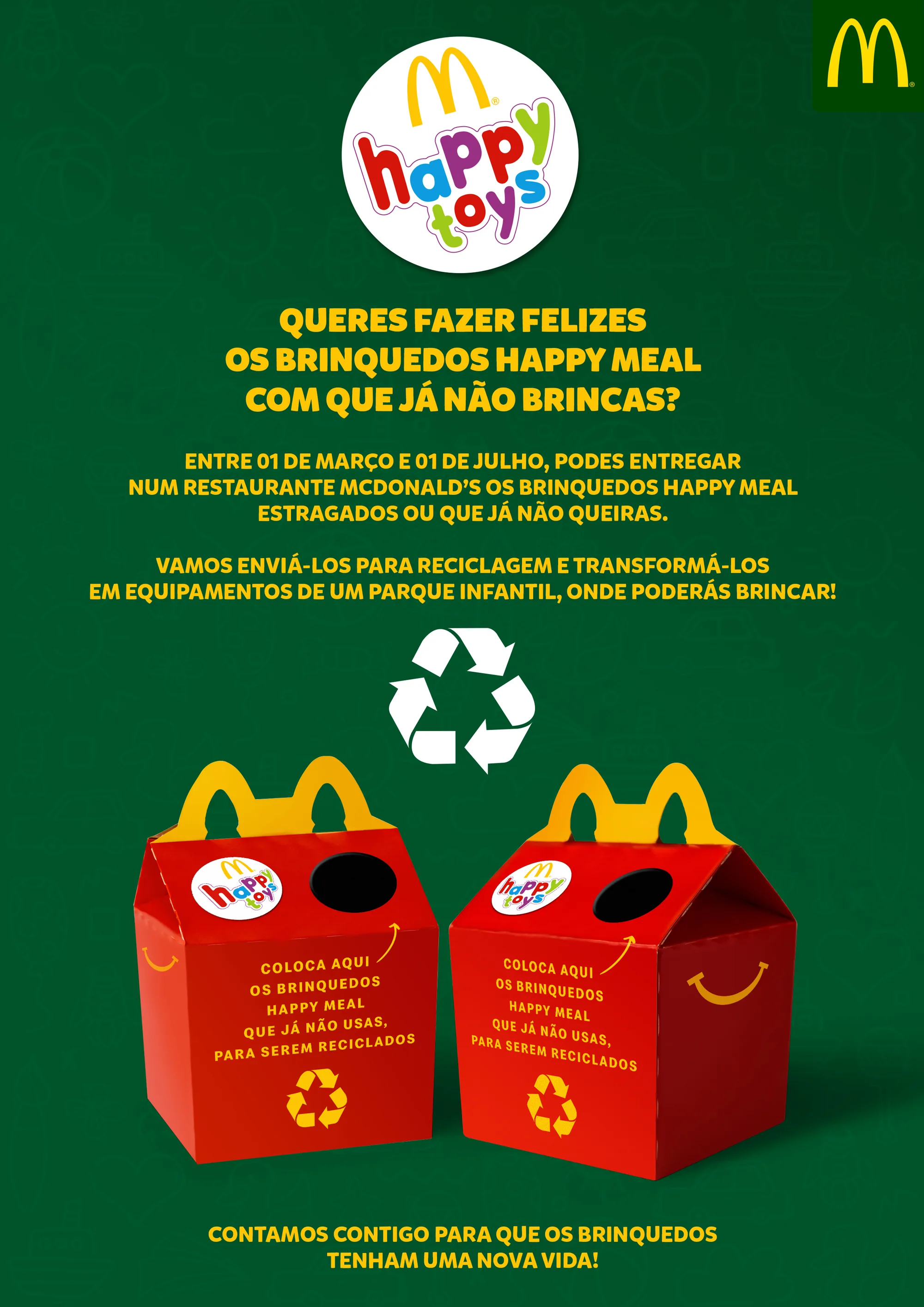 McToys — Happy Toys recycling poster on green with two Happy Meal collection boxes