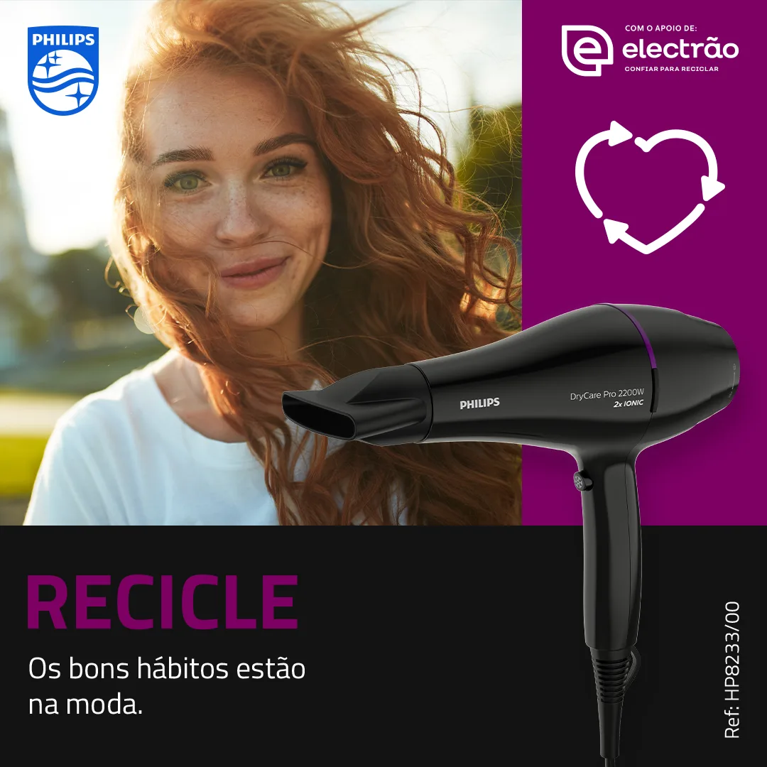 Philips — Recicle social post with a red-haired woman and a hair dryer, electrão recycling logo
