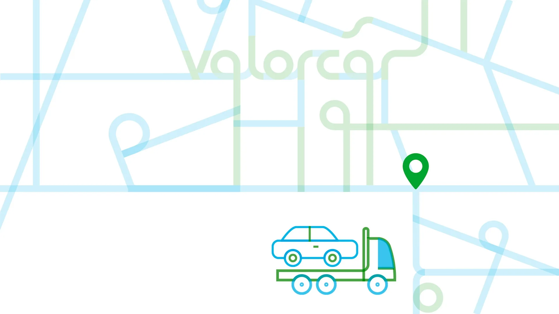 Valorcar — animation still of a tow truck carrying a car on a light map with location pin
