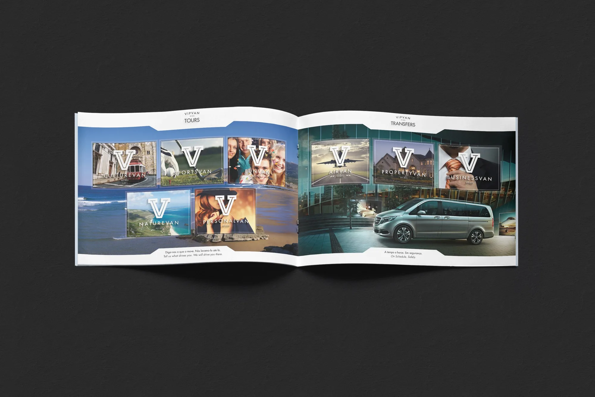 VipVan: brochure spread with the tours grid on the left and the transfers page with a Mercedes van on the right