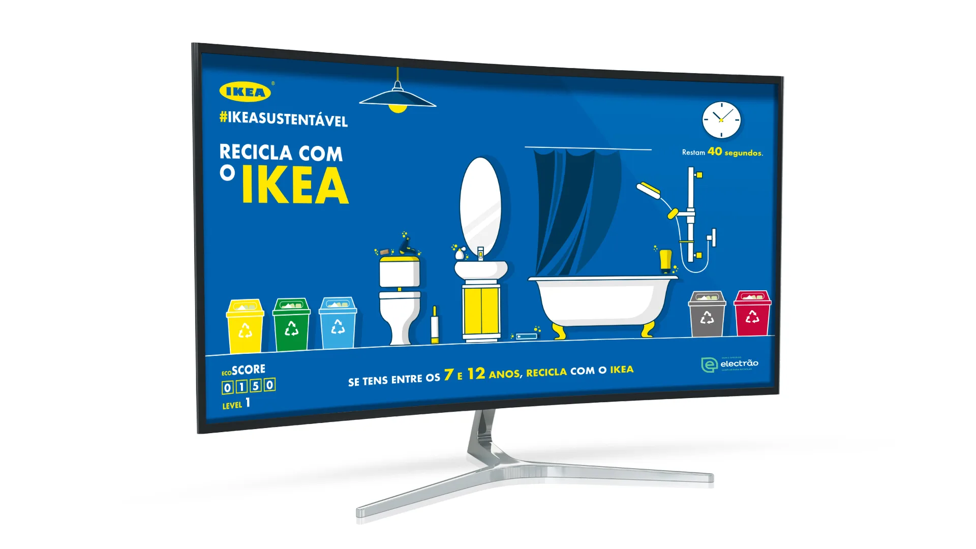 IKEA — recycling game level with a bathroom scene, score counter and coloured sorting bins, shown on a monitor