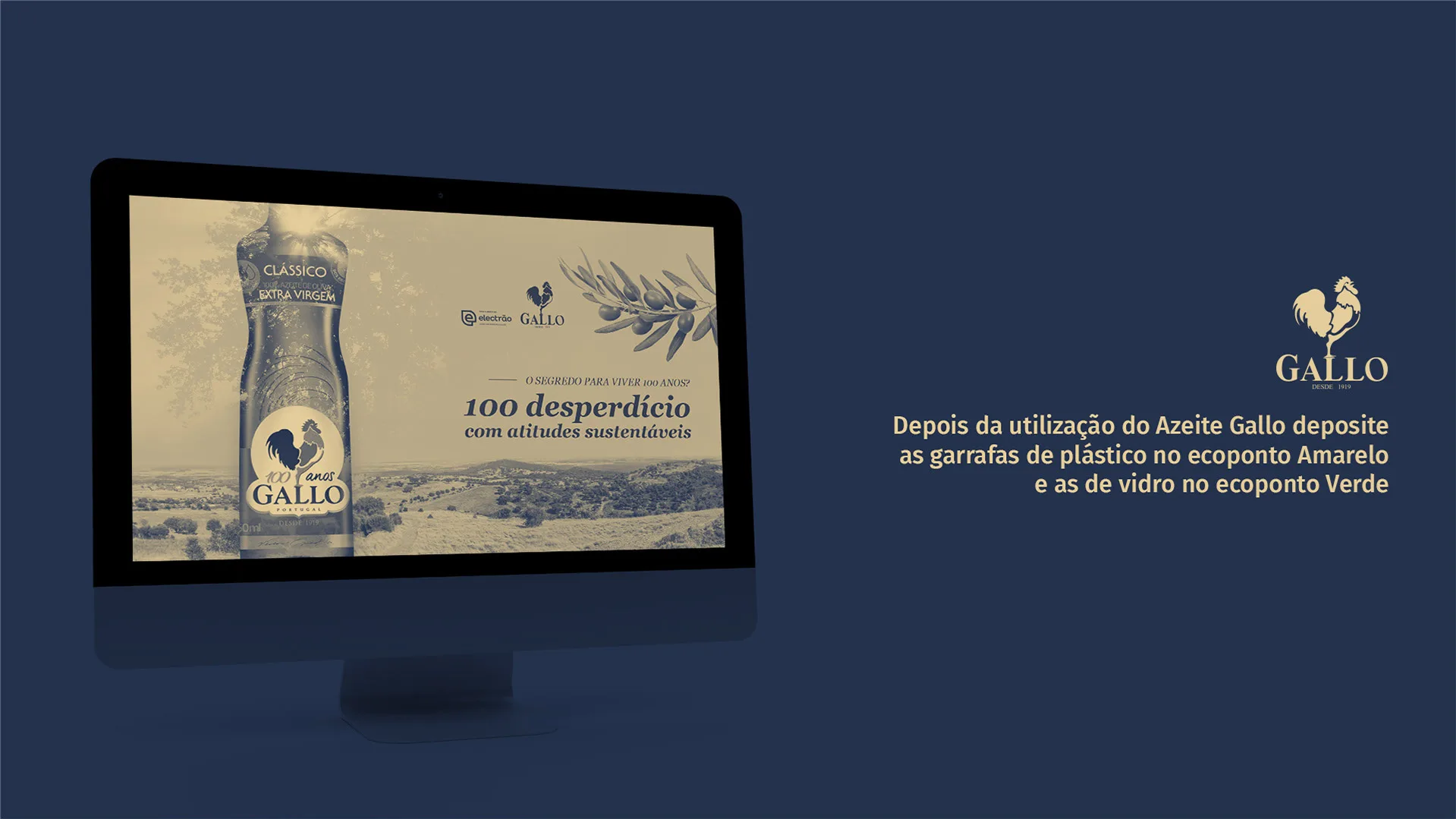 100 Anos de Sustentabilidade — Gallo campaign banner on a monitor with copy about recycling bottles at ecopontos