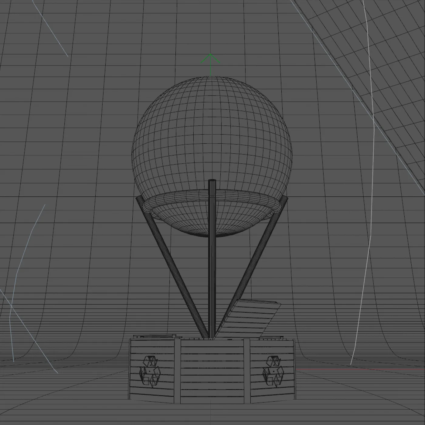 EcoBola — 3D wireframe render of the sphere and stand structure on a wooden recycling base