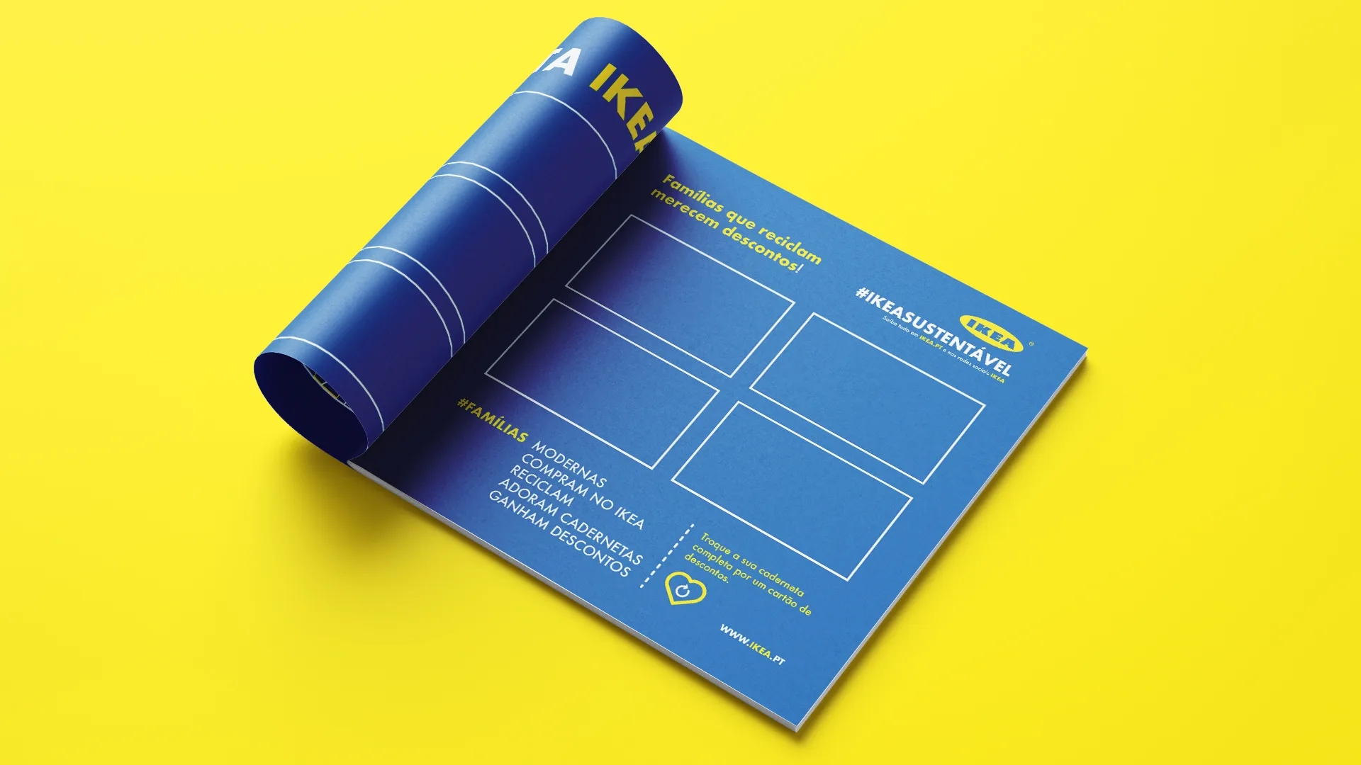 Famílias Modernas Reciclam — IKEA caderneta booklet rolled open showing stamp boxes, on yellow