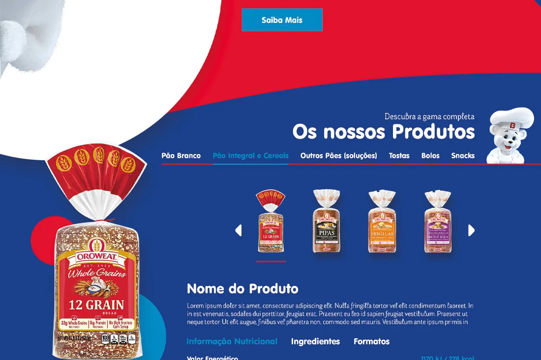 Bimbo website — 'Os nossos Produtos' section with bread product carousel