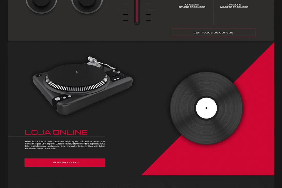 ci4DJ & store4DJ — Loja Online section with a turntable and vinyl record on a red diagonal