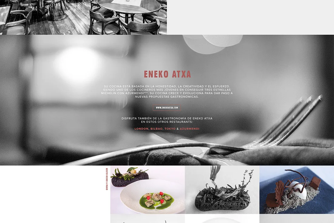 Eneko website — Eneko Atxa section over blurred black-and-white table with dish photos
