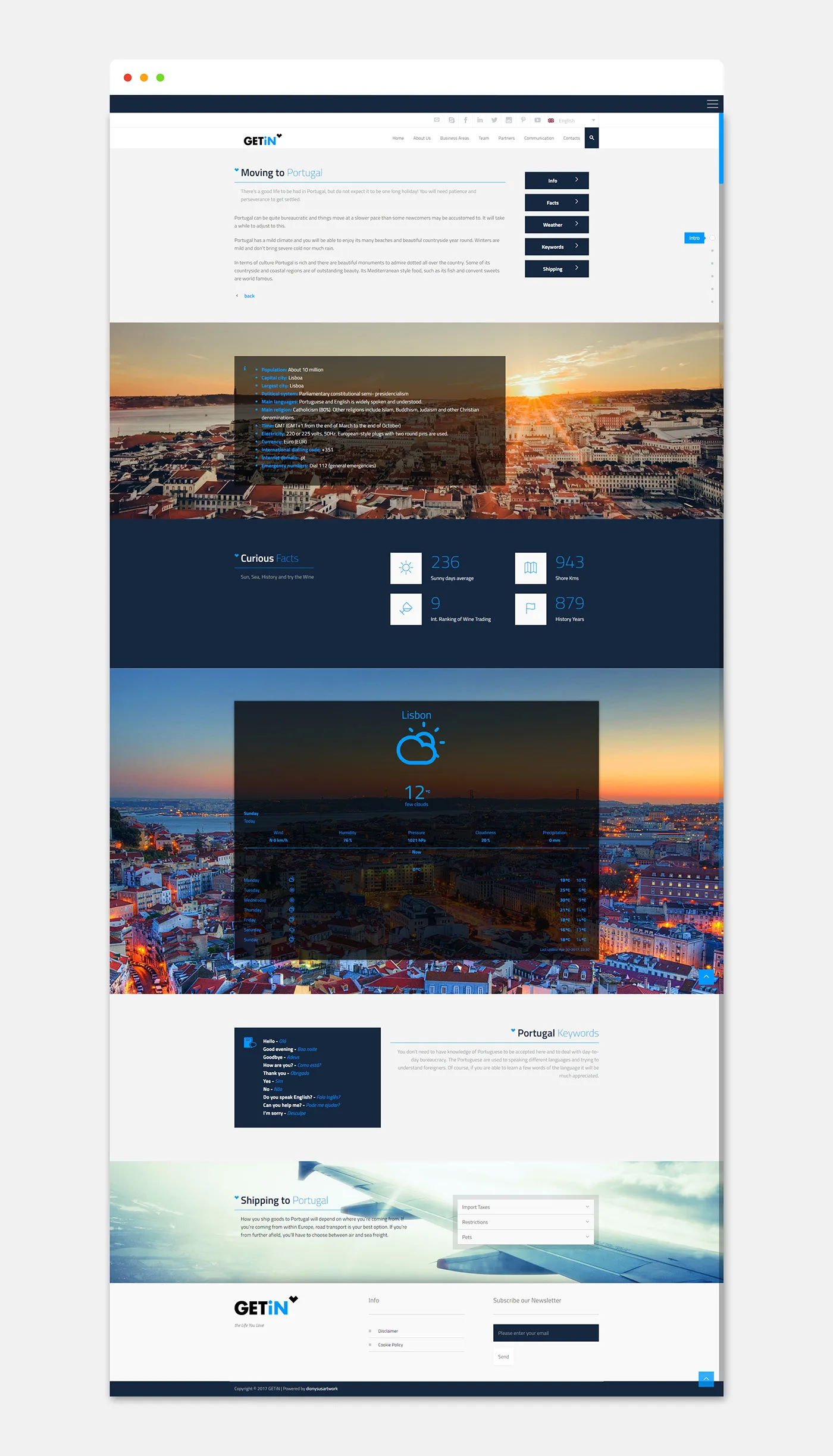 GETiN website — long page with Lisbon sunset photos and contact blocks