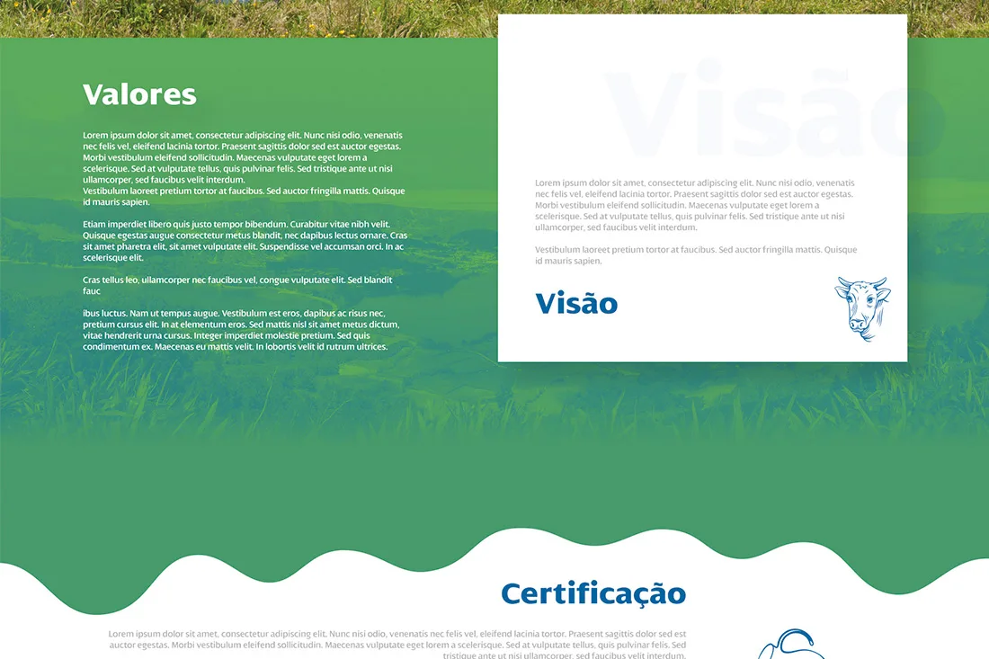 Lactaçores website — Valores, Visão and Certificação sections on green field background