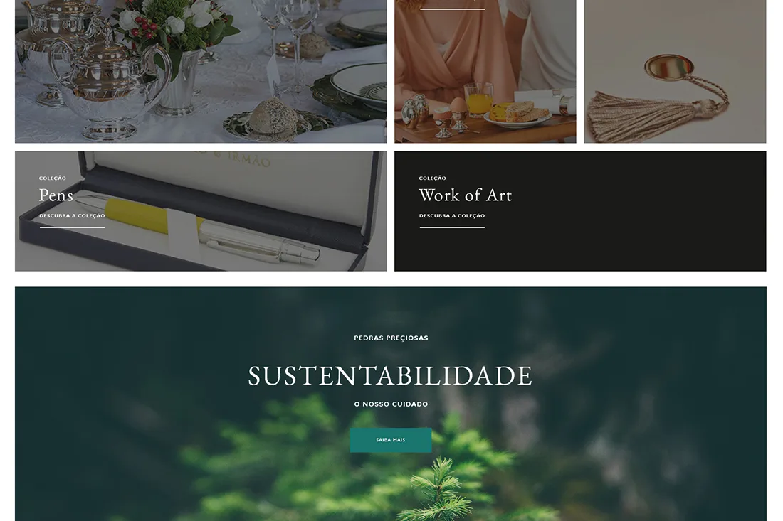 Leitão & Irmão — website collection tiles for Pens and Work of Art above a green "Sustentabilidade" banner