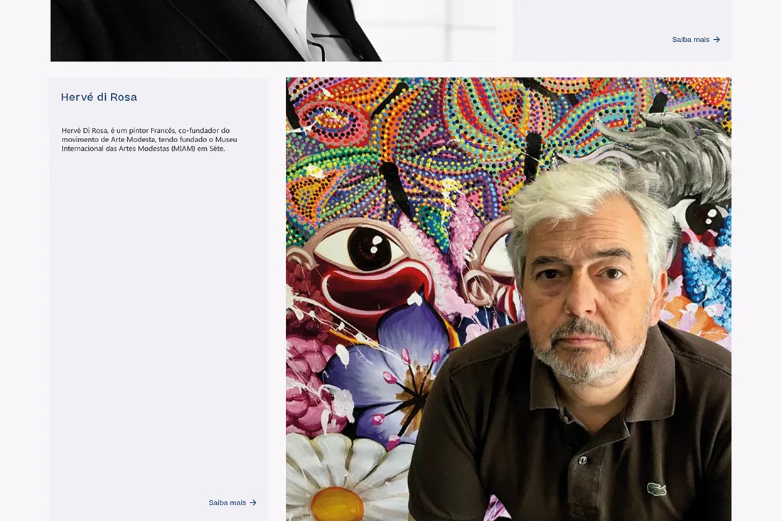 Viúva Lamego website — author profile with a portrait in front of a colourful painted mural