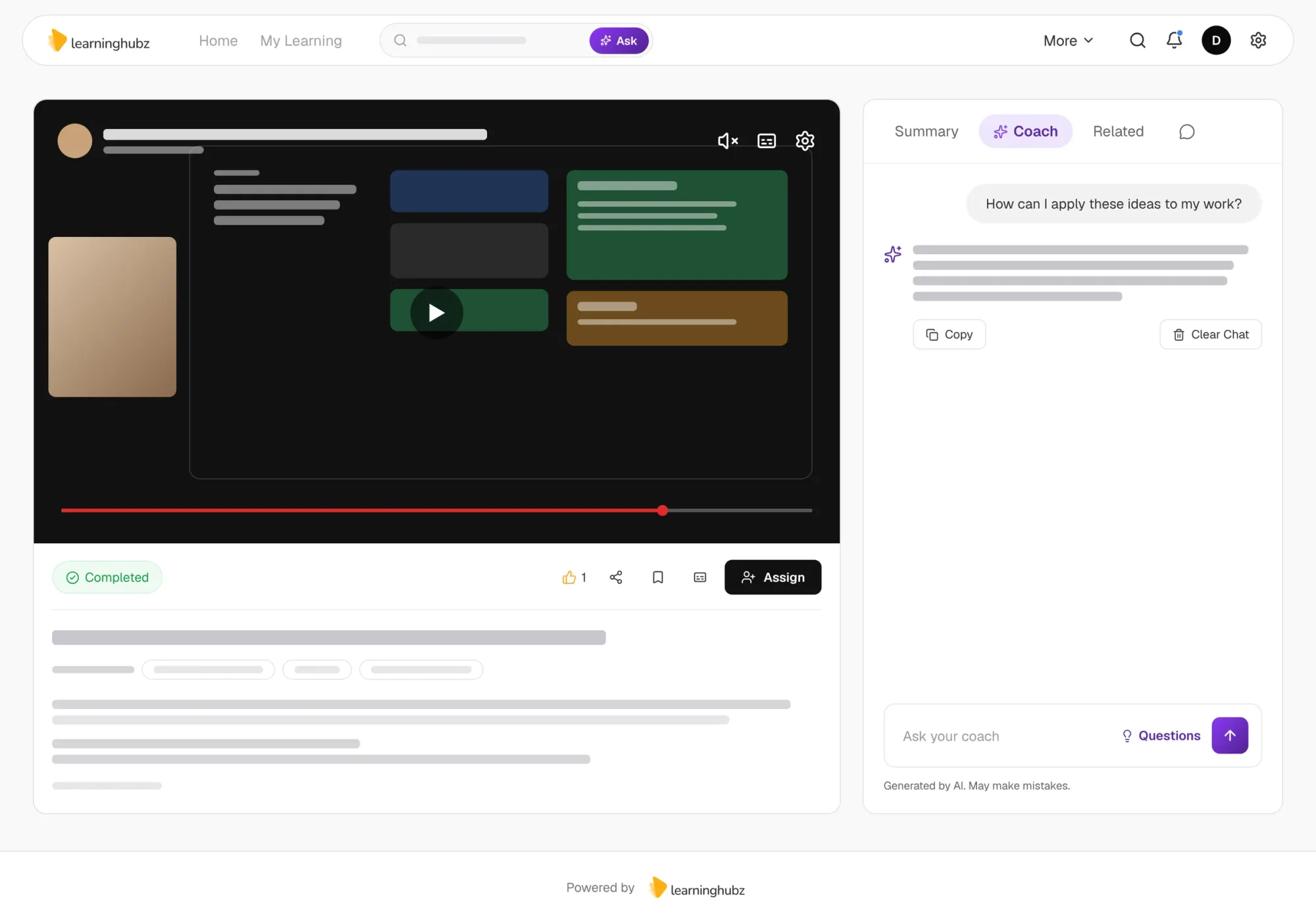 Learninghubz — resource page with the AI Coach chat tab