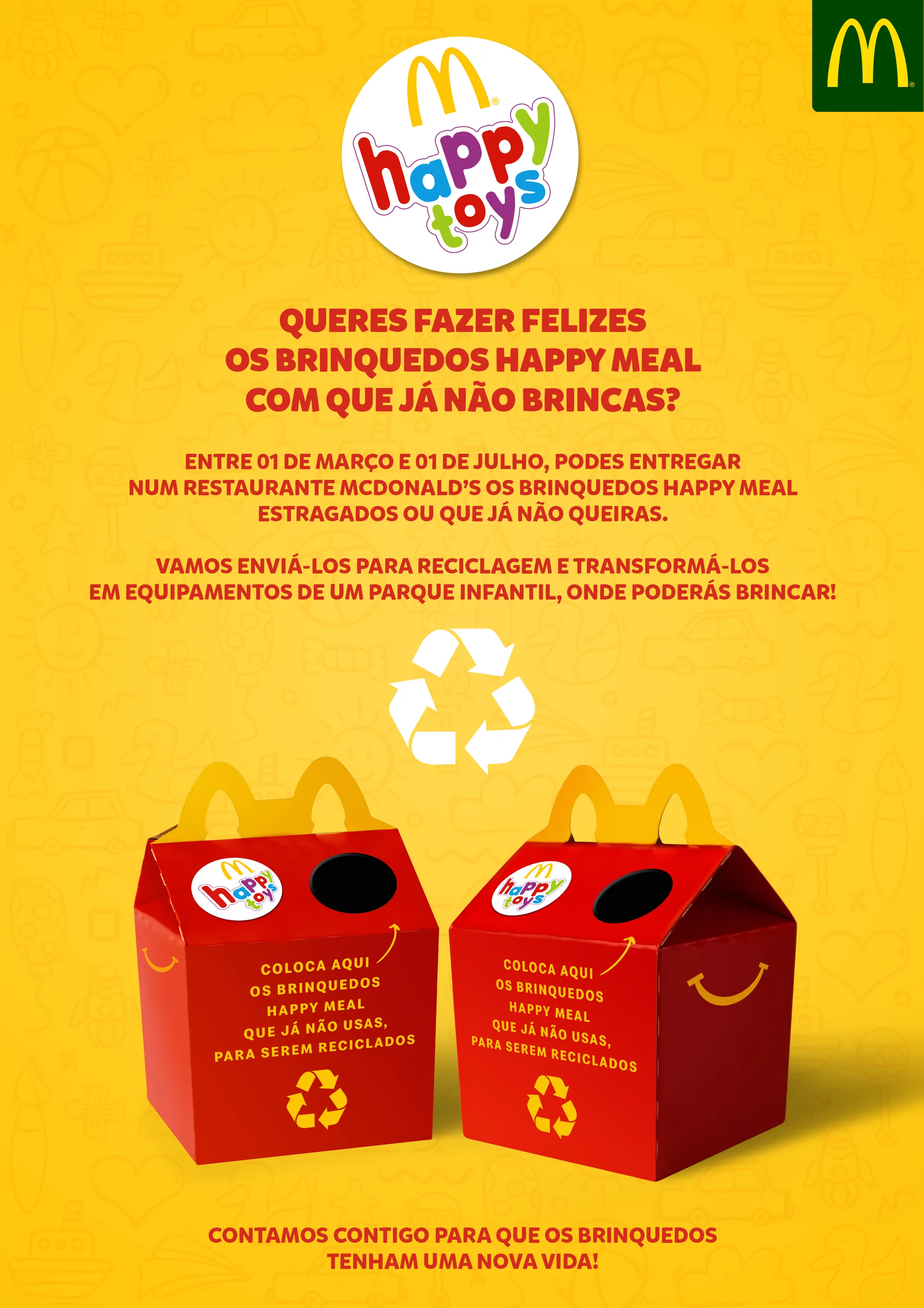McToys — Happy Toys recycling poster on yellow with two Happy Meal collection boxes
