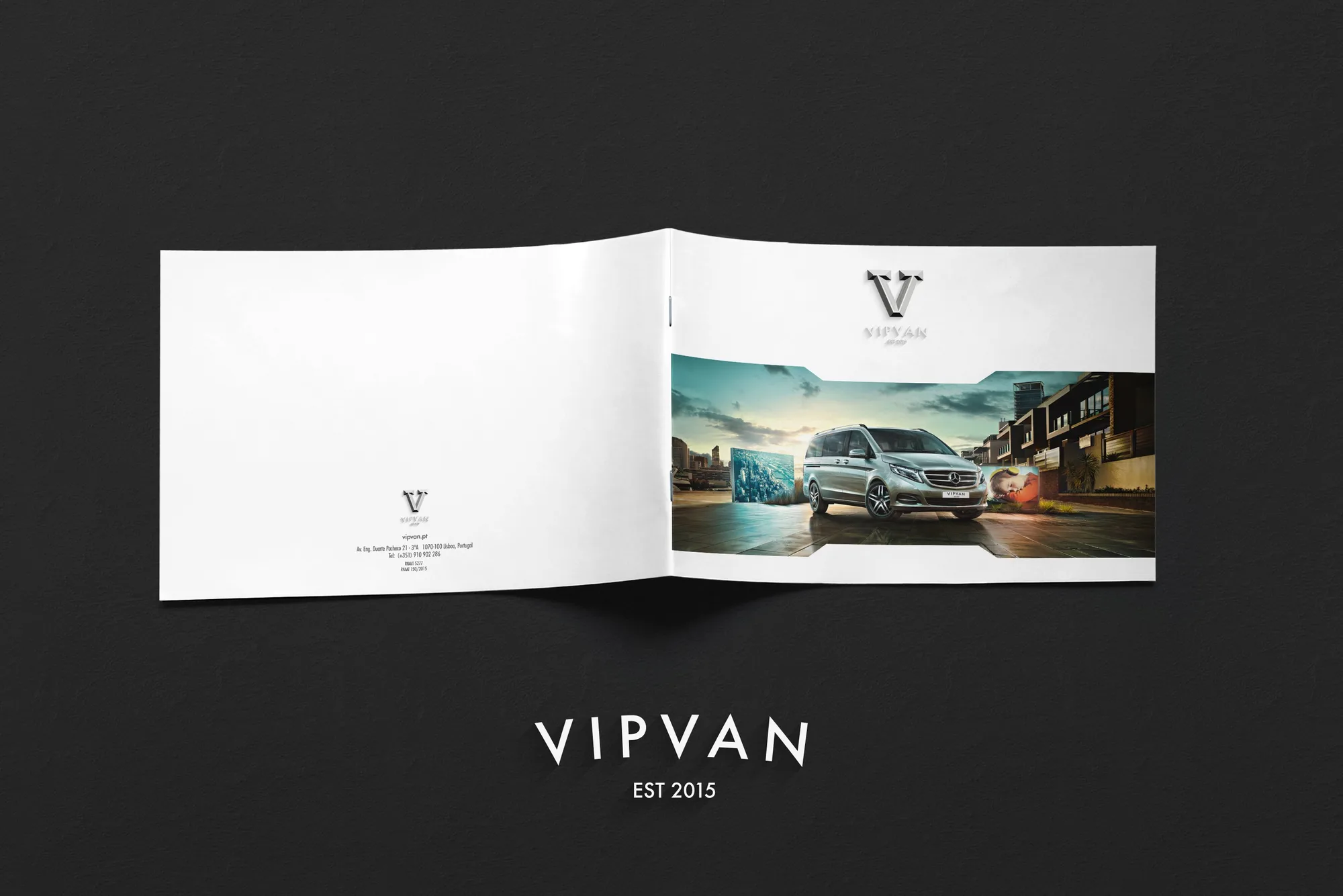 VipVan: brochure laid flat, back and front cover, with the VipVan wordmark below