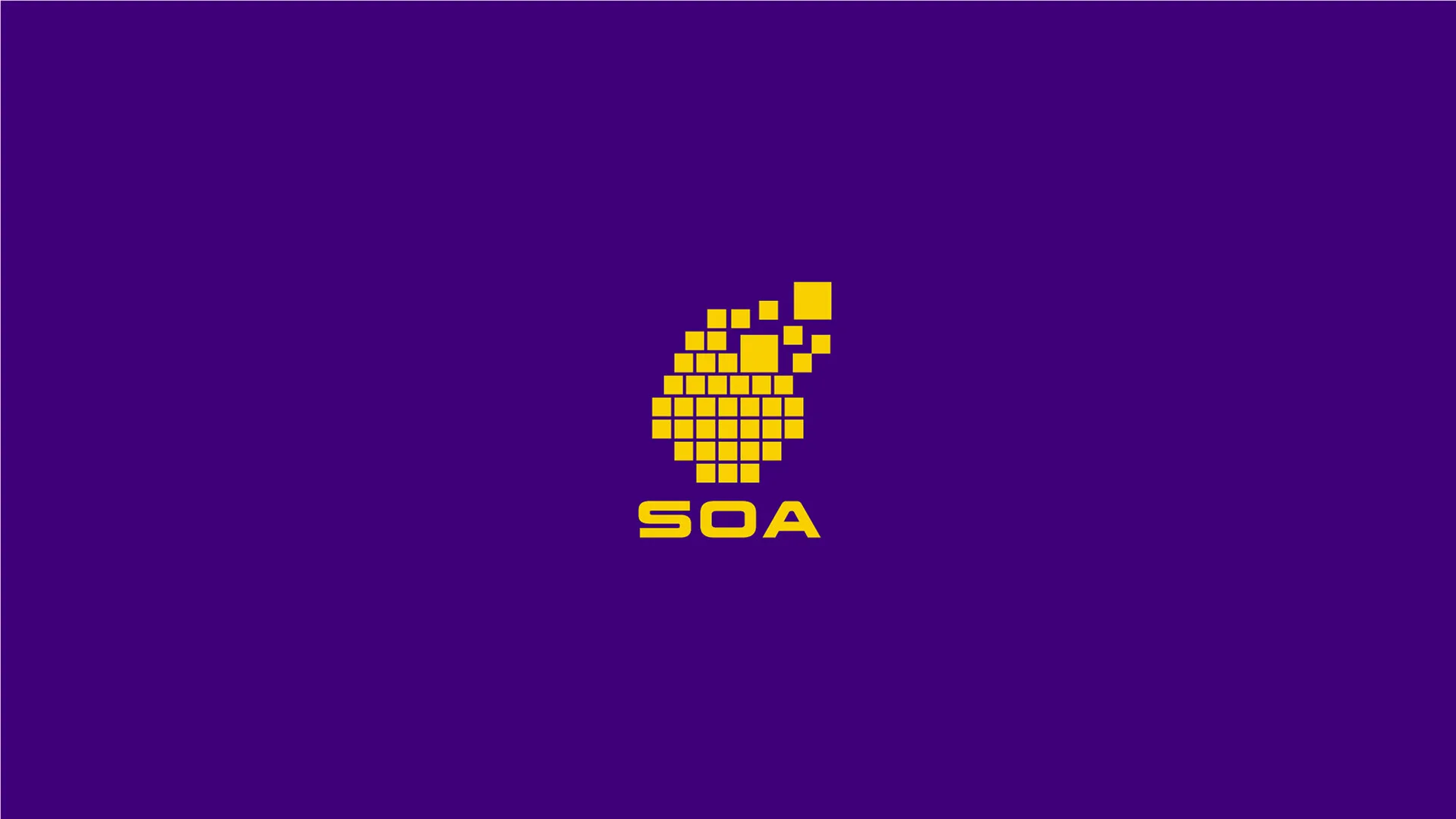 SOA – School of Automation — yellow pixel symbol with SOA wordmark on deep purple background
