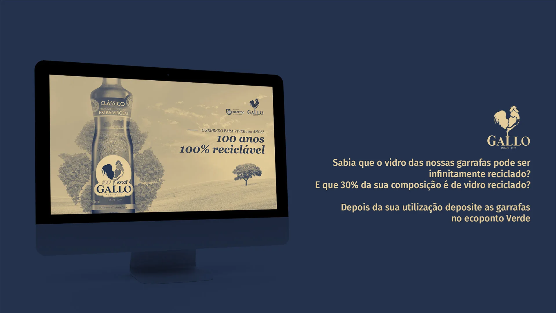 100 Anos de Sustentabilidade — Gallo "100 anos 100% reciclável" banner on a monitor beside recycled-glass copy