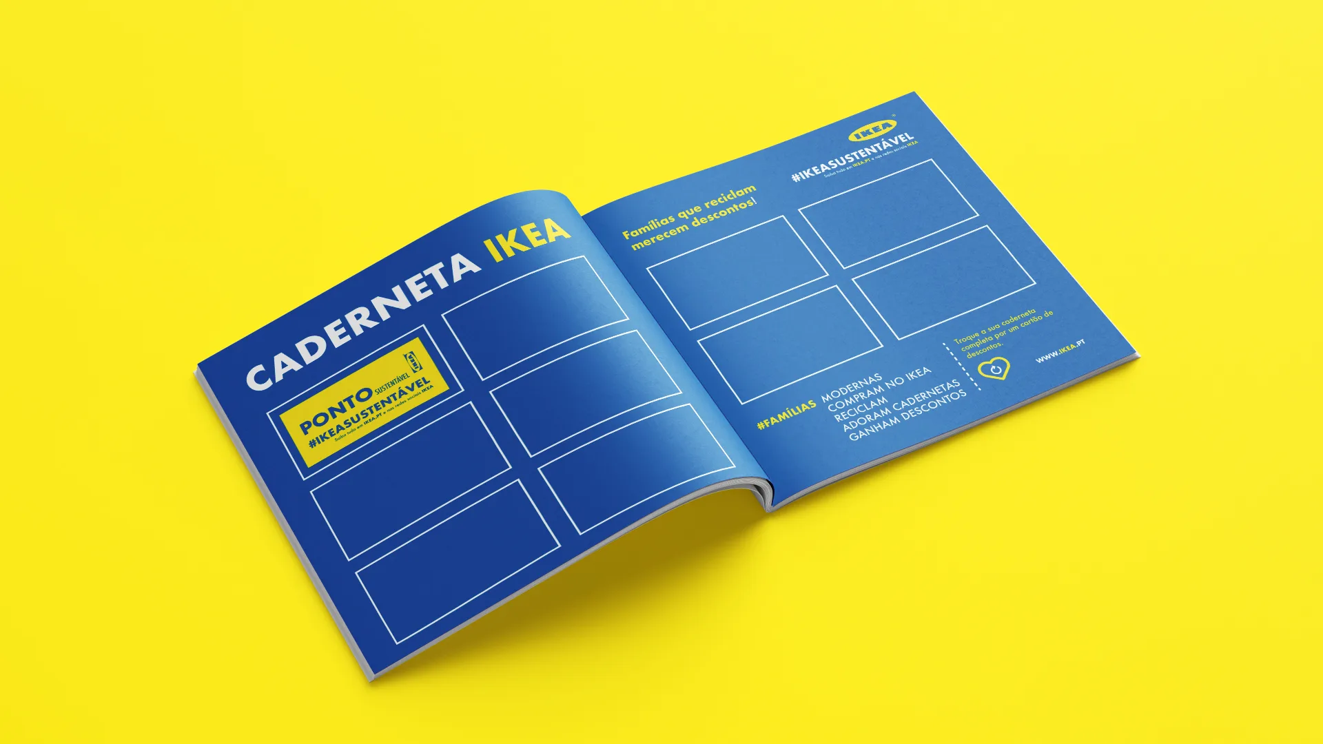 Famílias Modernas Reciclam — open IKEA caderneta booklet spread with a stamp-collection grid, on yellow