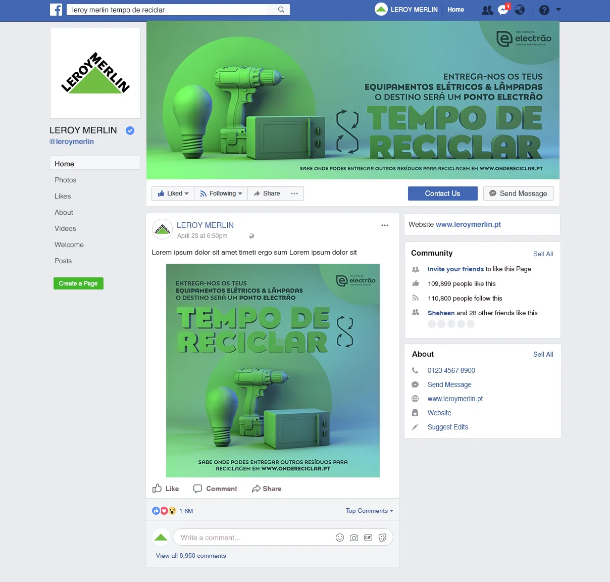 Tempo de Reciclar — Facebook page mockup for Leroy Merlin with Tempo de Reciclar cover and post