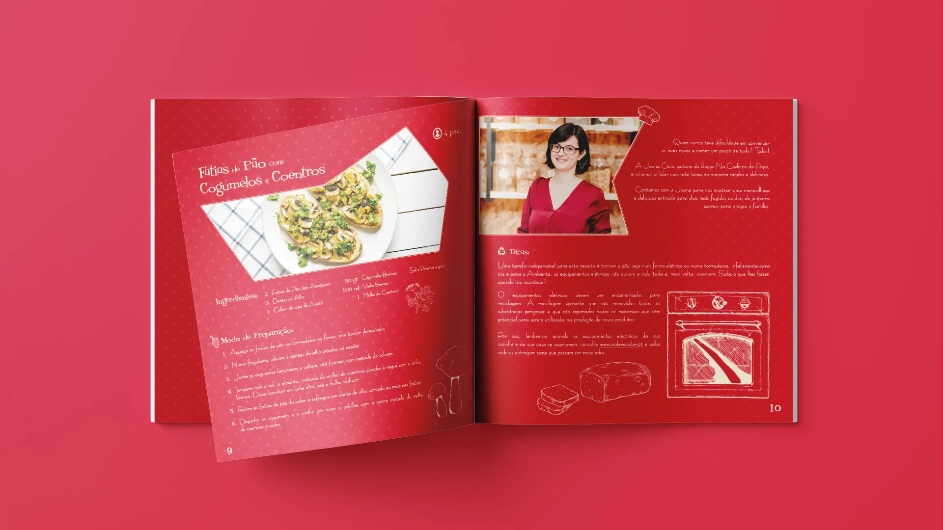 Um Guia Sustentável na Cozinha — open recipe booklet spread with a dish photo and a cook in a kitchen