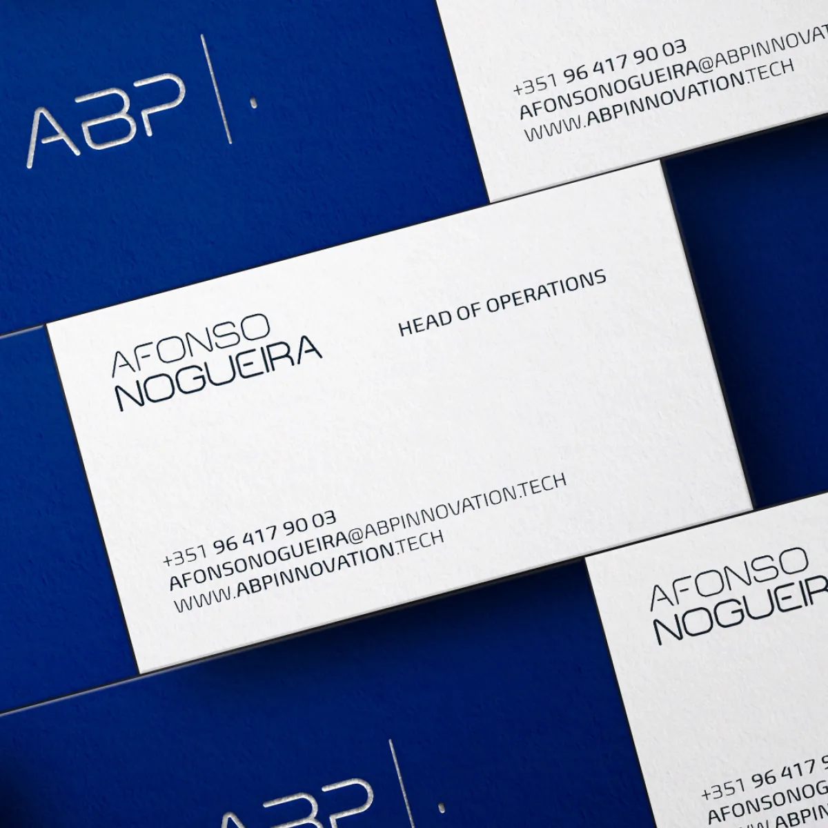 ABP — blue and white ABP business cards for Afonso Nogueira, Head of Operations