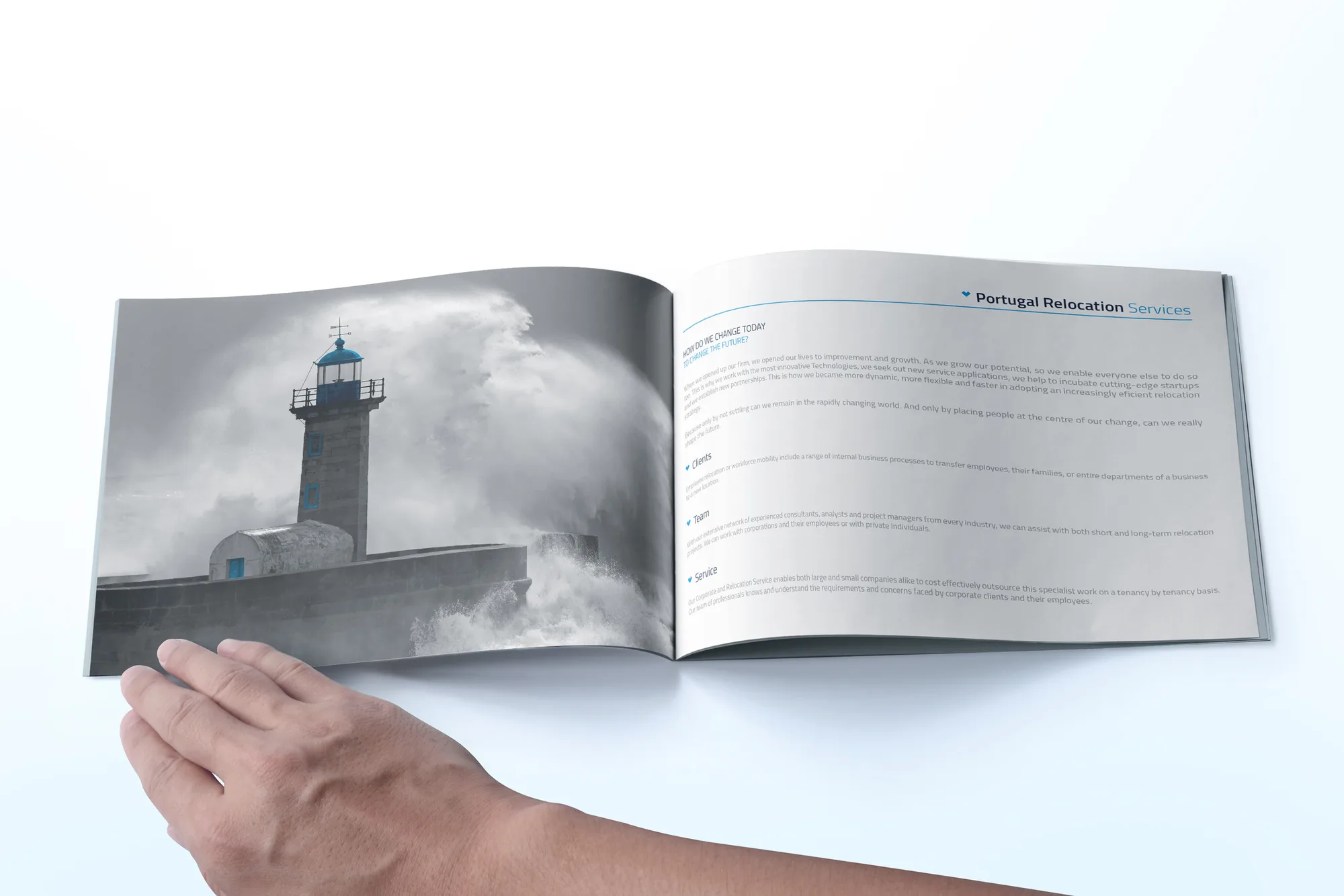 GETiN — open brochure spread with a lighthouse photo and Portugal Relocation Services text