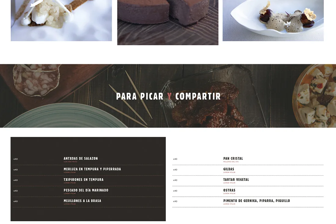 Basque website — Para picar y compartir menu section with dish list