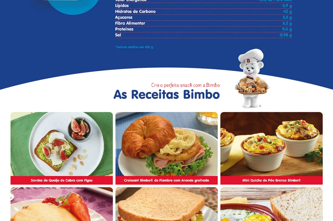 Bimbo website — 'As Receitas Bimbo' recipe grid below nutrition table