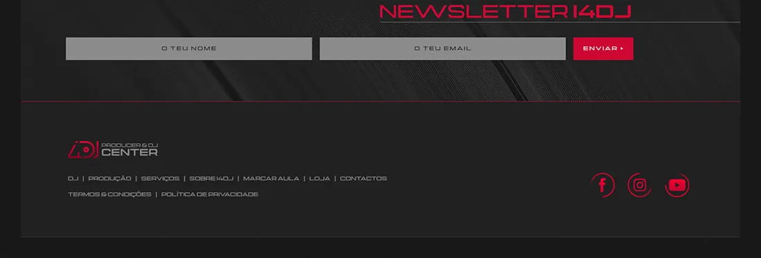 ci4DJ & store4DJ — Newsletter i4DJ signup form and site footer with social icons