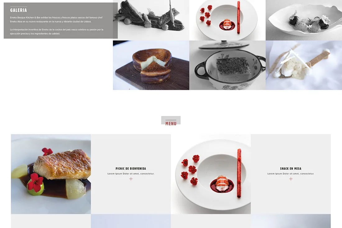 Eneko website — gallery and menu sections with plated dish photos