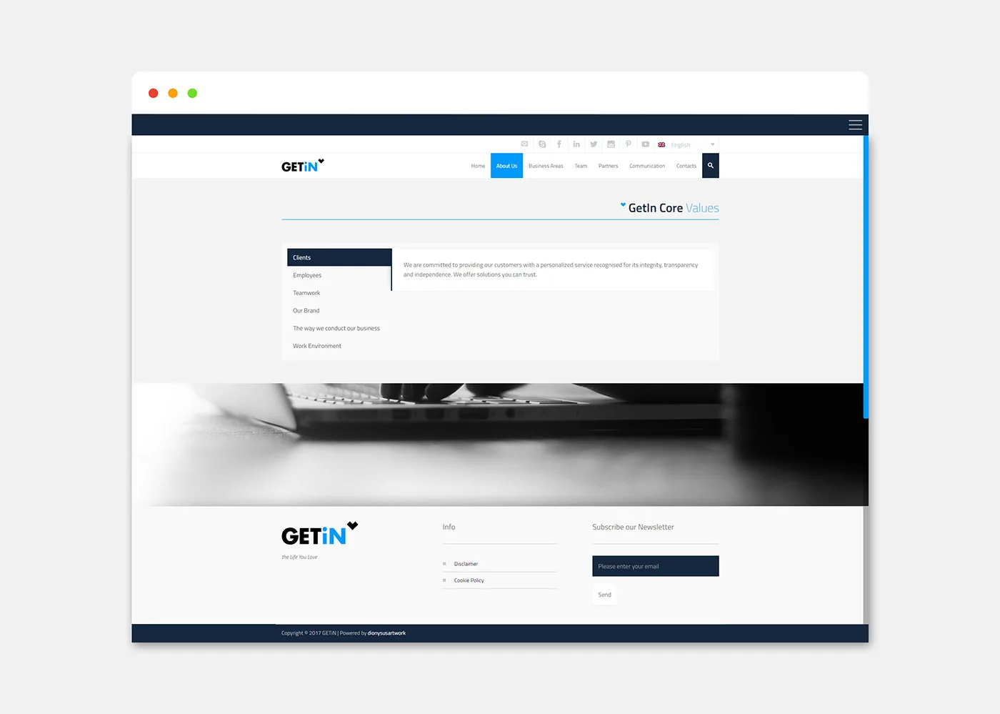 GETiN website — Core Values page with tabbed list and laptop photo
