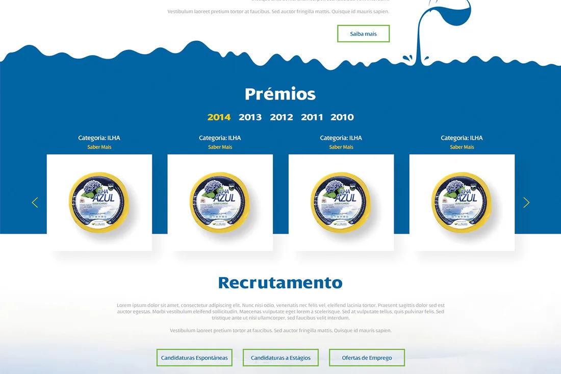 Lactaçores website — Prémios awards carousel and Recrutamento section with wavy blue header