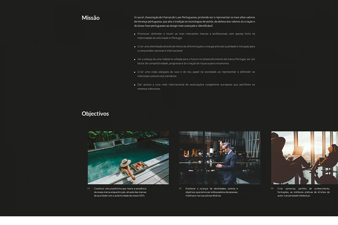 Laurel website — dark Missão and Objectivos section with three lifestyle photos