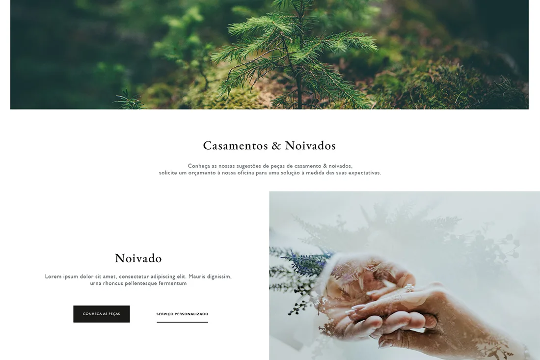 Leitão & Irmão — website "Casamentos & Noivados" section with an engagement ring photo and call-to-action buttons