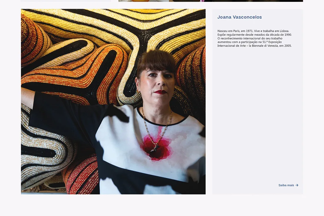 Viúva Lamego website — author profile of a woman in front of a colourful knitted artwork