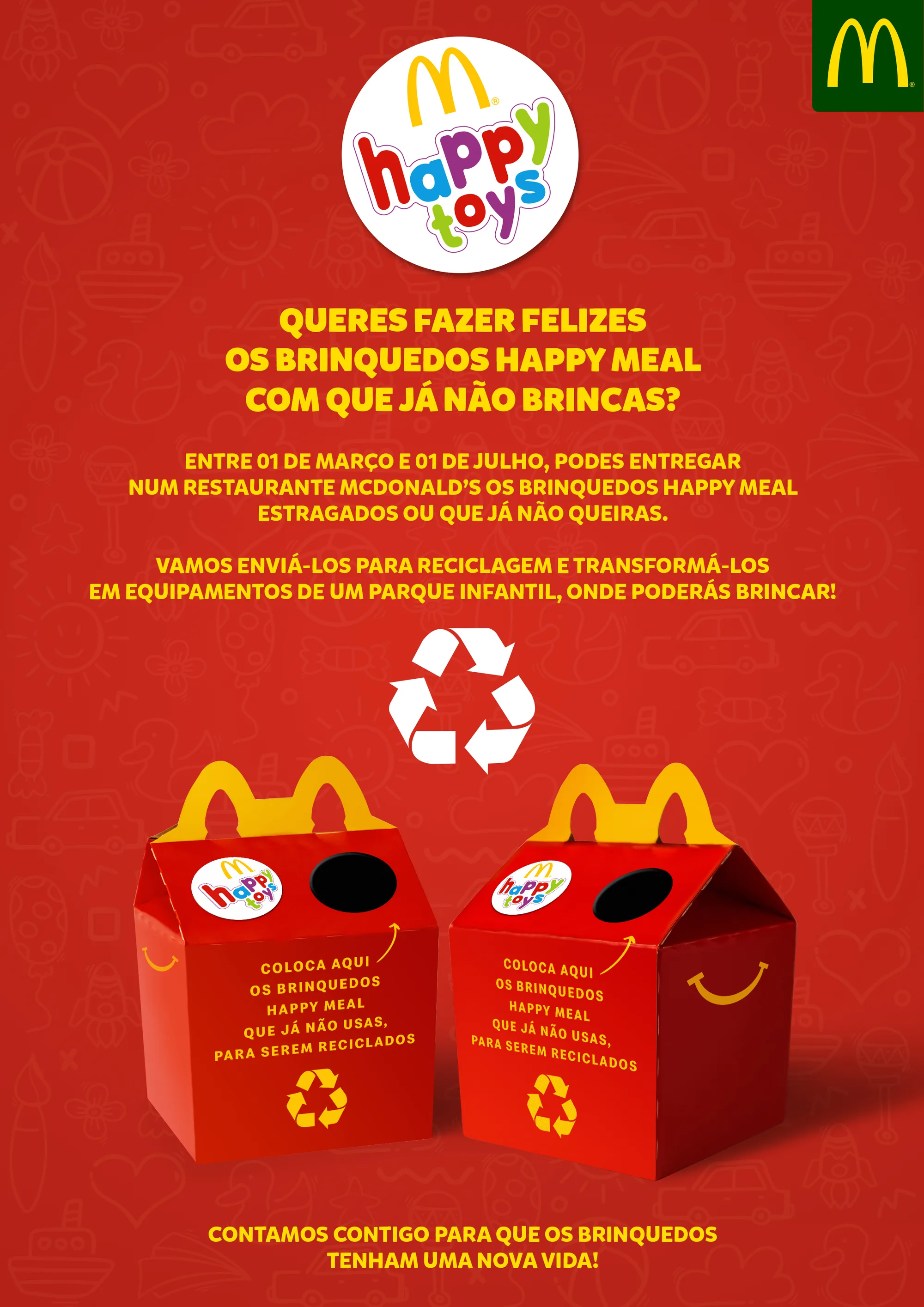 McToys — Happy Toys recycling poster on red with two Happy Meal collection boxes and recycle symbol