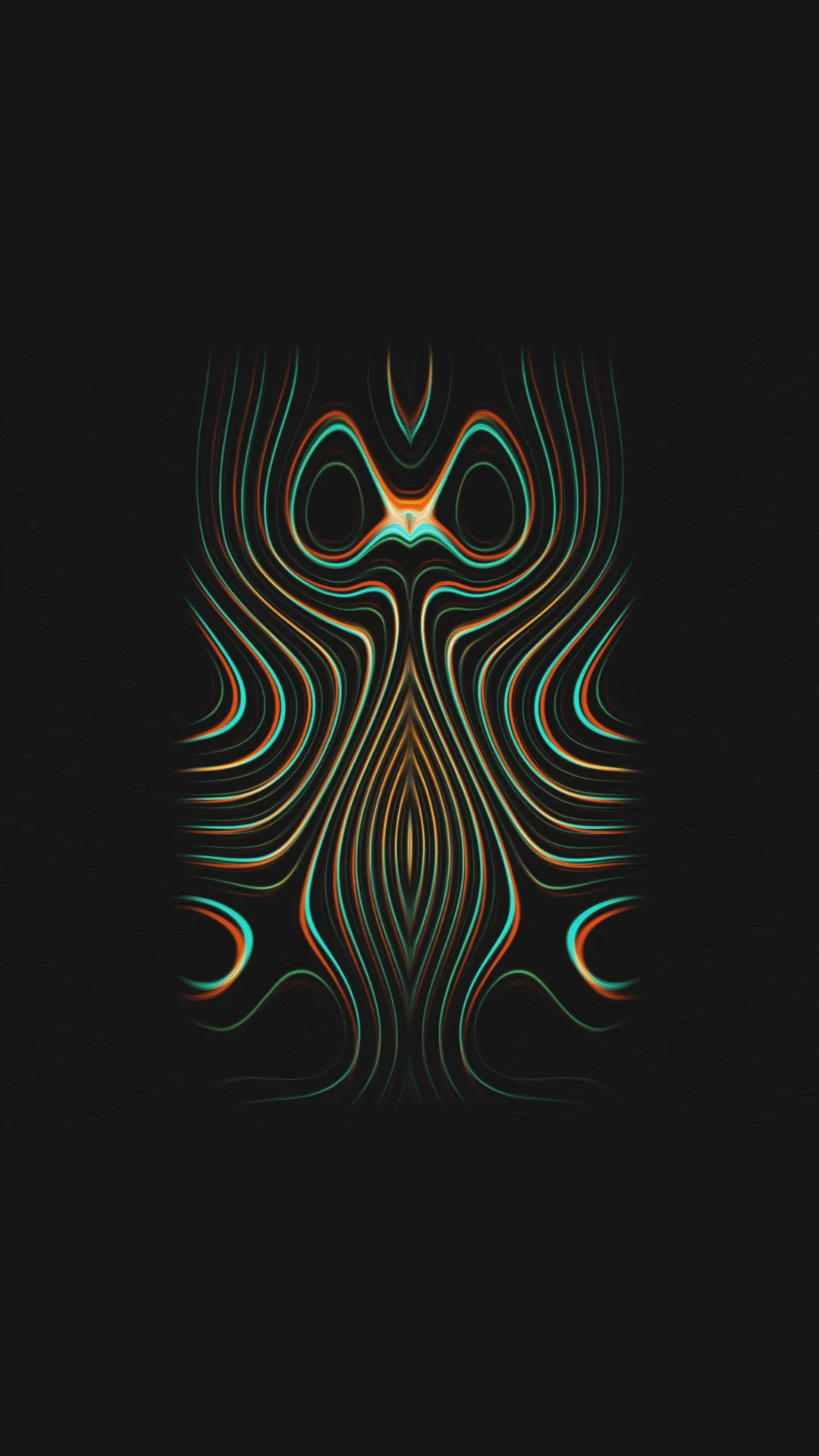 sankofa — symmetrical rippling contour lines in orange and teal on a dark background