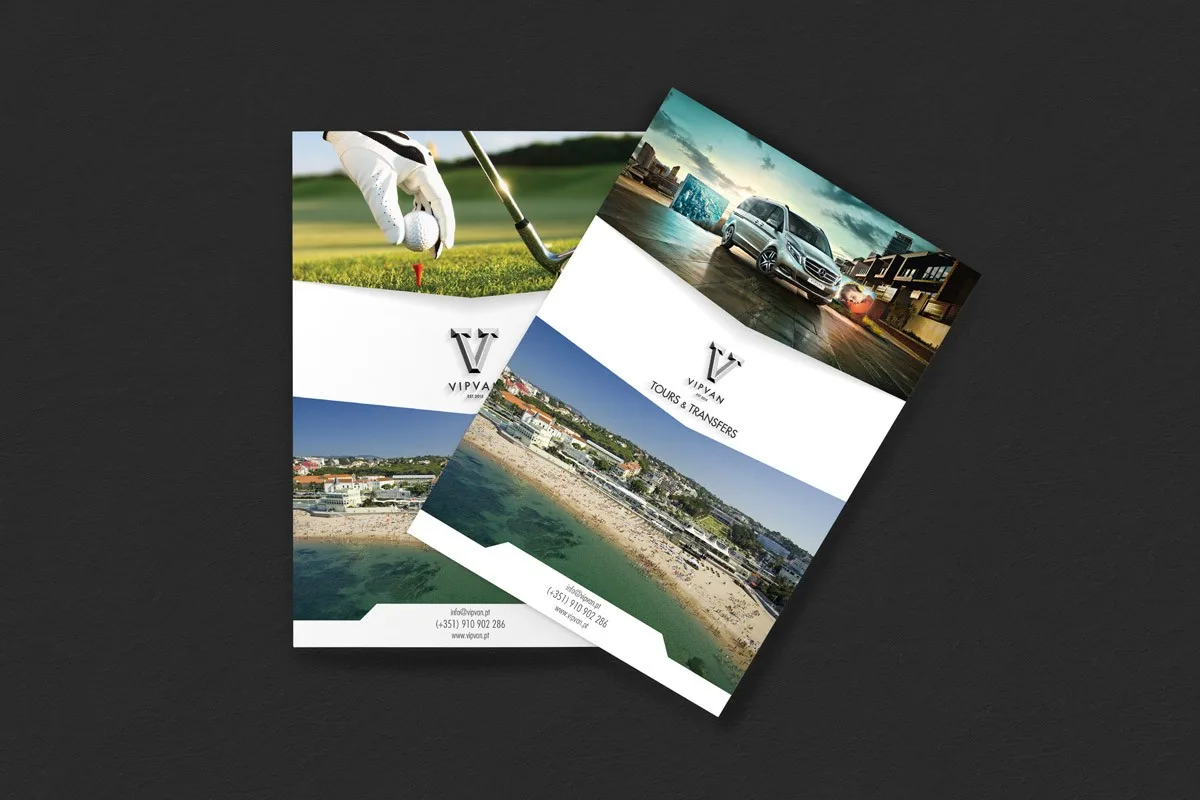 VipVan: two Tours & Transfers flyers, one with a golf ball on a tee, one with a beach seen from above