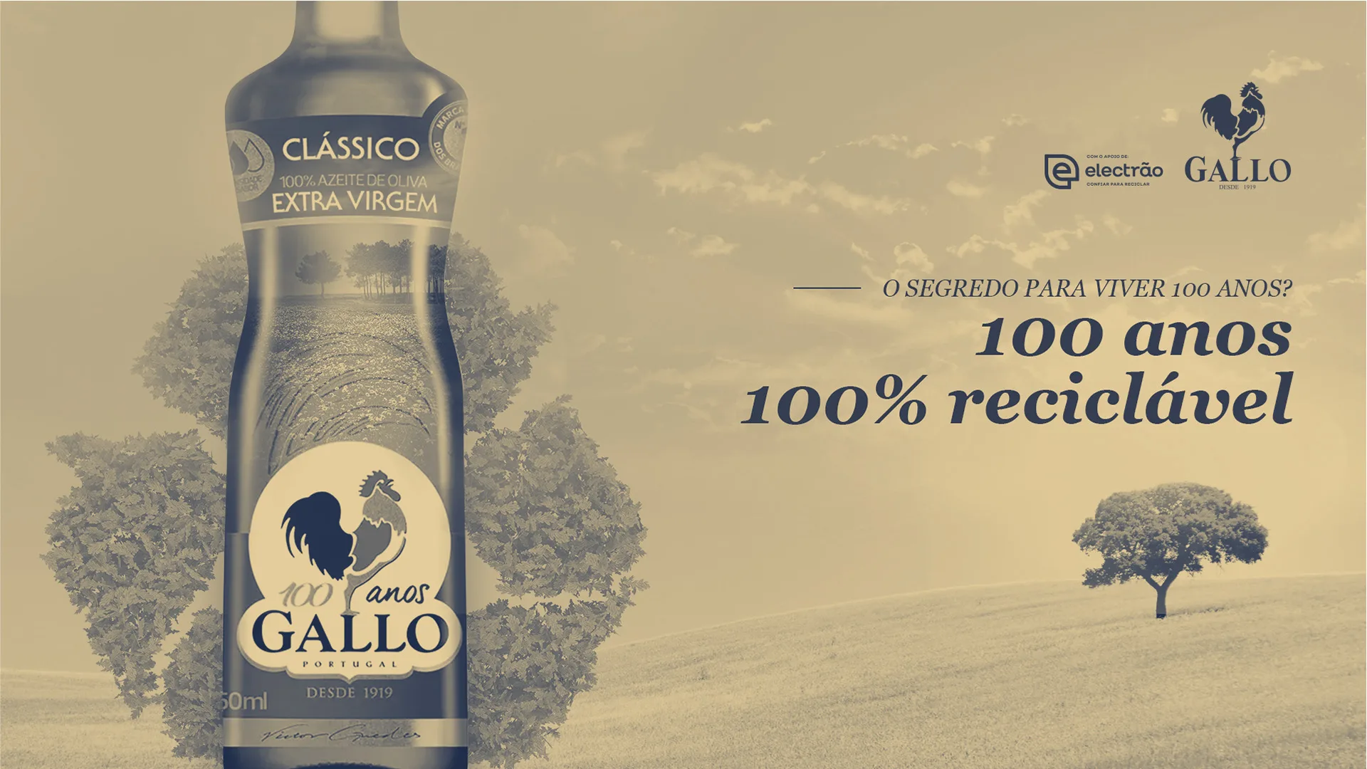 100 Anos de Sustentabilidade — Gallo bottle banner "100 anos 100% reciclável" with trees and a field