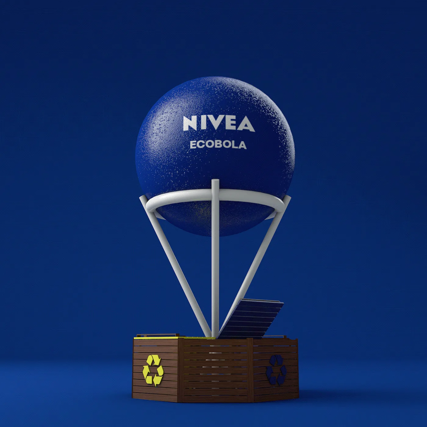 EcoBola — 3D render of the NIVEA Ecobola sphere on a metal stand above a wooden recycling bin
