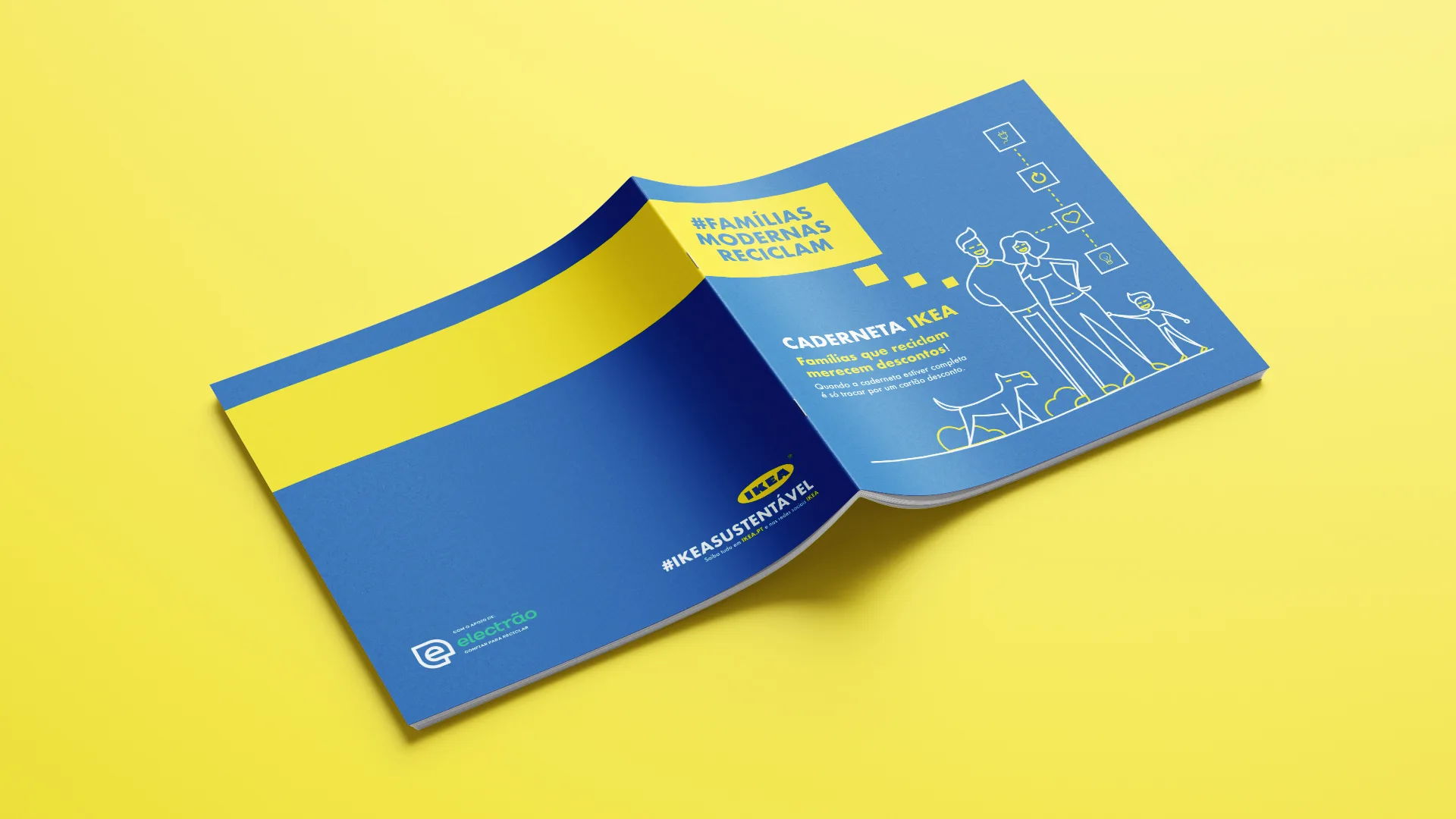 Famílias Modernas Reciclam — IKEA caderneta booklet front and back cover laid open on yellow