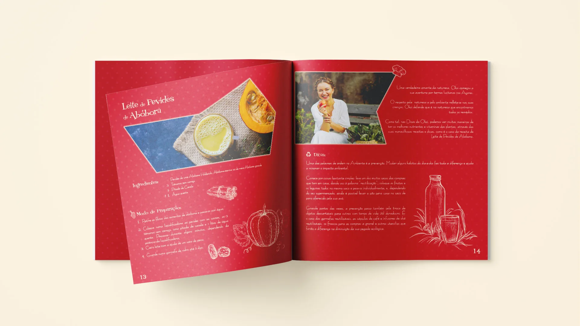 Um Guia Sustentável na Cozinha — open recipe booklet spread with a pumpkin dish photo and sketched illustrations
