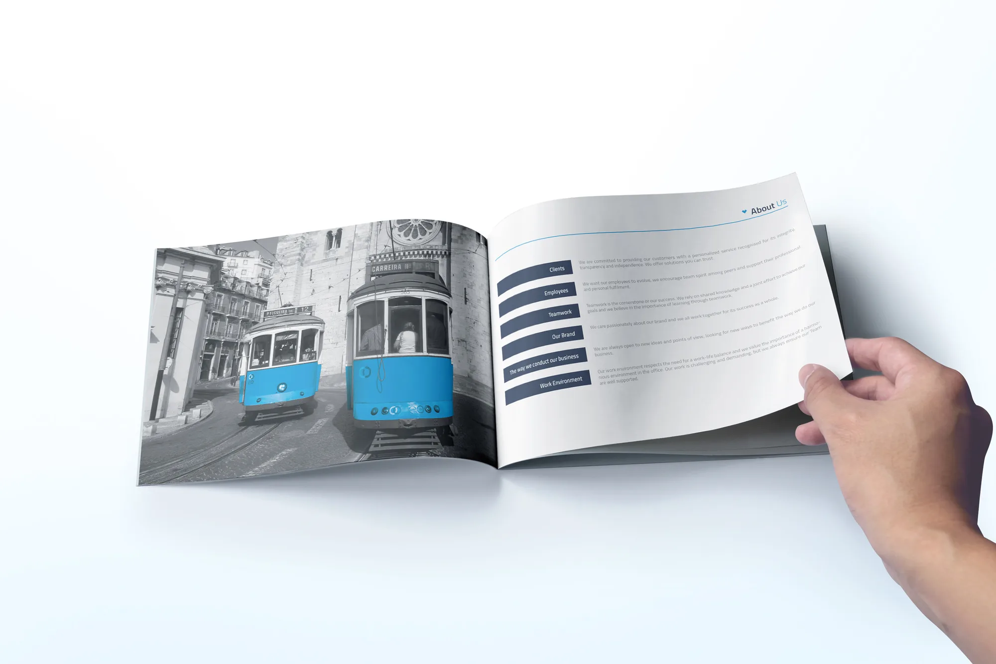 GETiN — open brochure spread with blue Lisbon trams and a services list