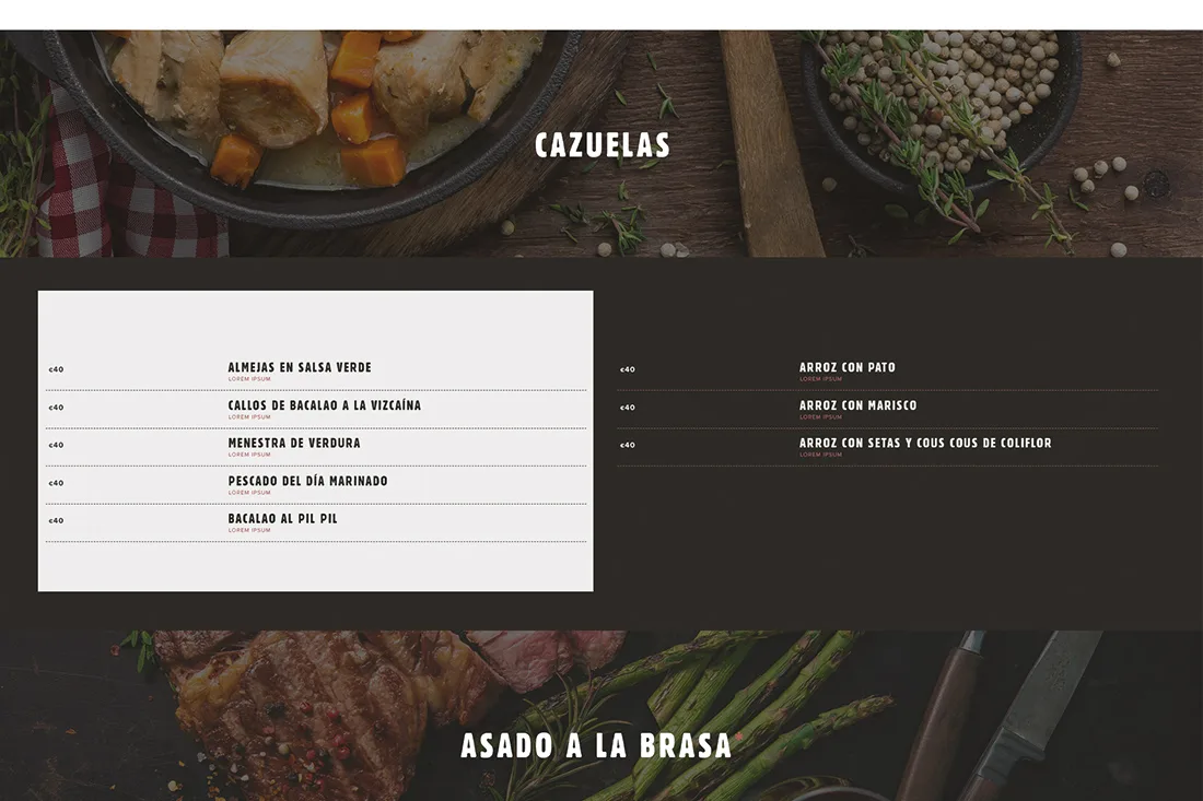 Basque website — Cazuelas and Asado a la brasa menu sections over food photos