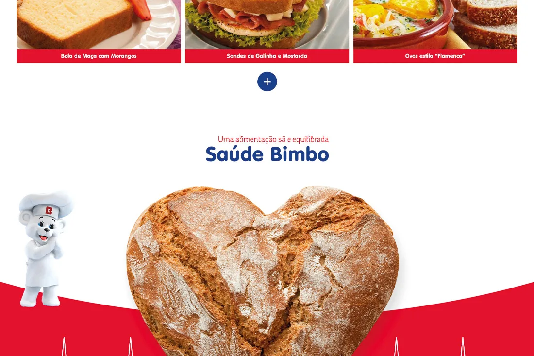 Bimbo website — 'Saúde Bimbo' section with heart-shaped loaf and mascot