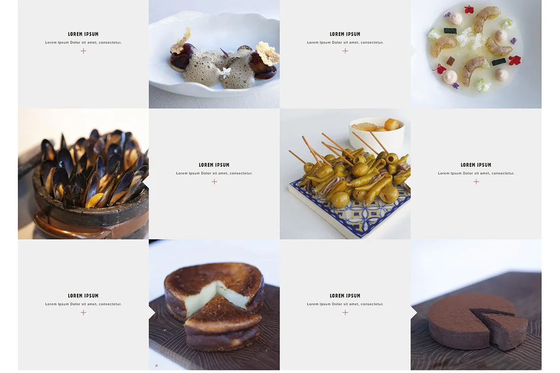 Eneko website — menu grid alternating dish photos with text tiles