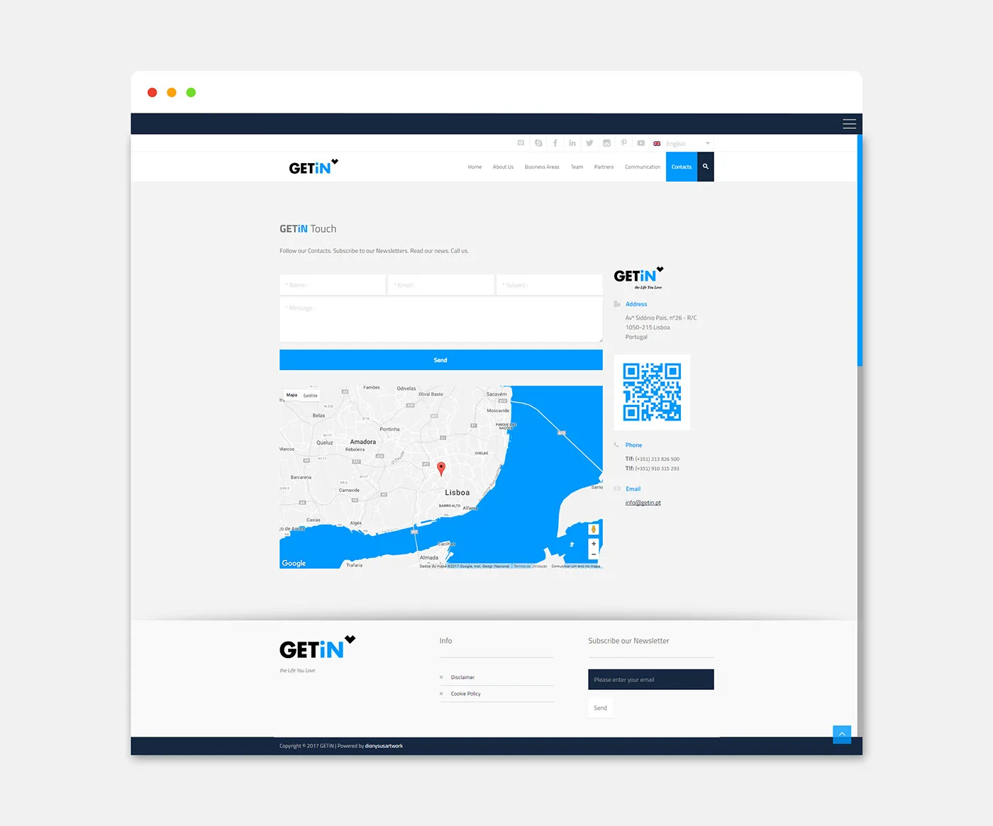 GETiN website — contact page with form, QR code and Lisbon map
