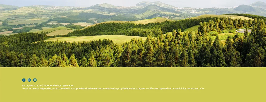 Lactaçores website — footer with green Azores landscape photo